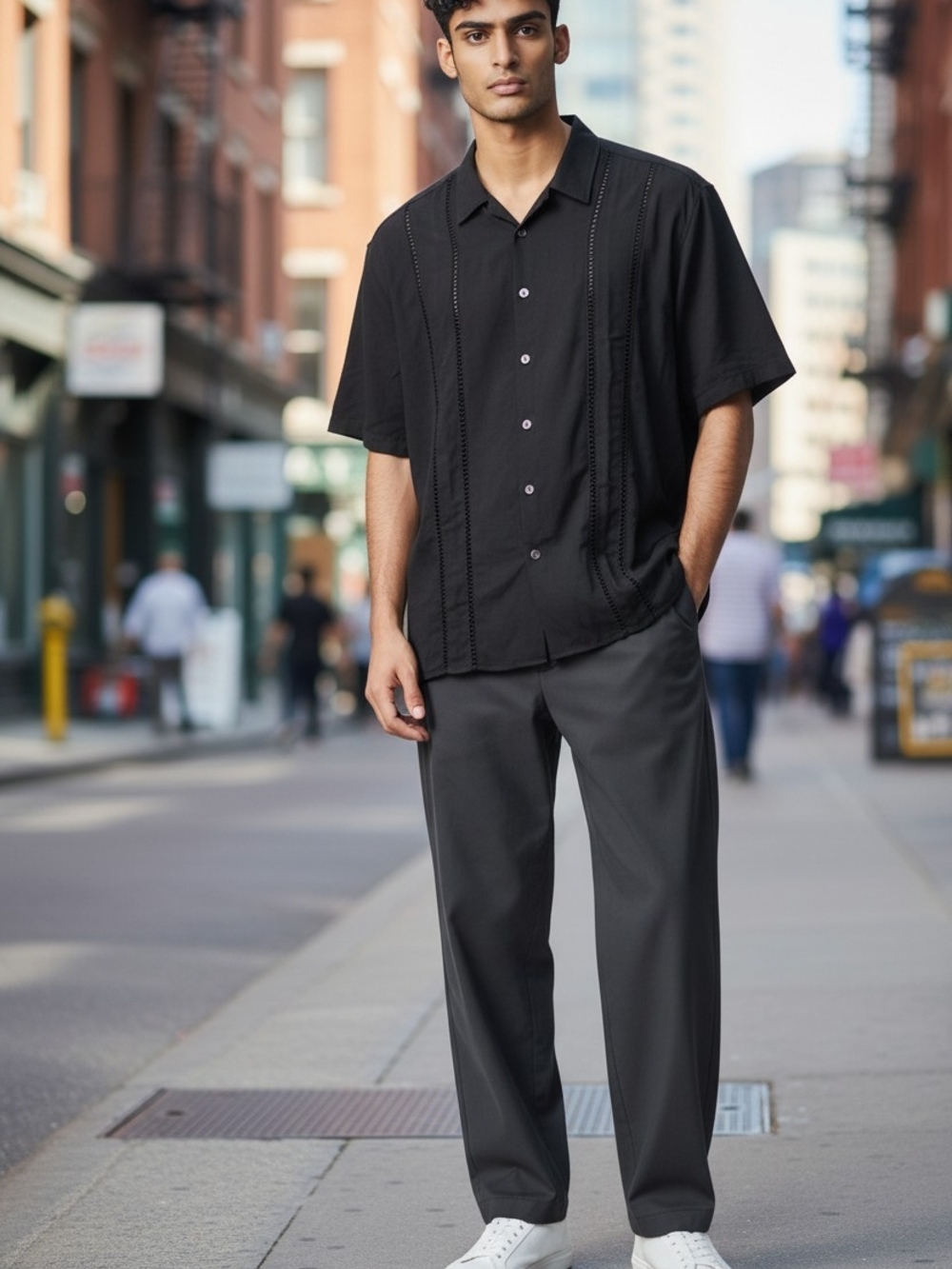Letsee Black Short Sleeve Cuban  Guayabera Button-Up Shirt - Men's Casual Large